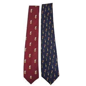 Polo Ralph Lauren TWO Ties Golf Print British Crown 100% Silk Blue Red Italy USA